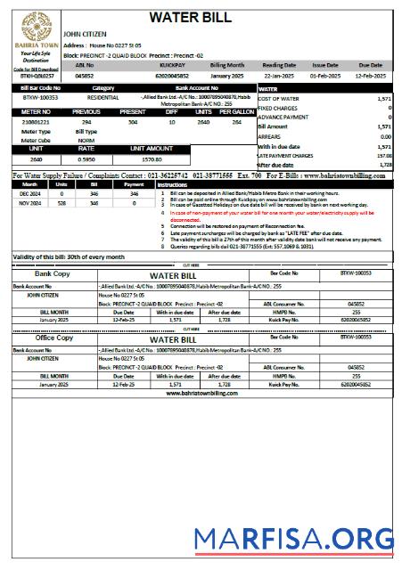 Realistic Pakistan Bahria Town utility bill template in Word and PDF formats